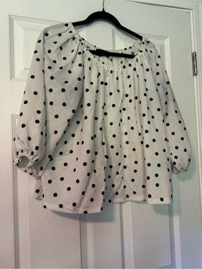 Premise White Off-Shoulder Polka Dot Tunic with Black Dots